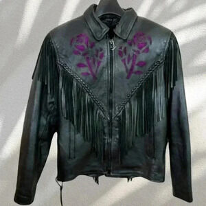Black Leather Vintage Western Fringe Jacket with Purple Embroidery – Medium